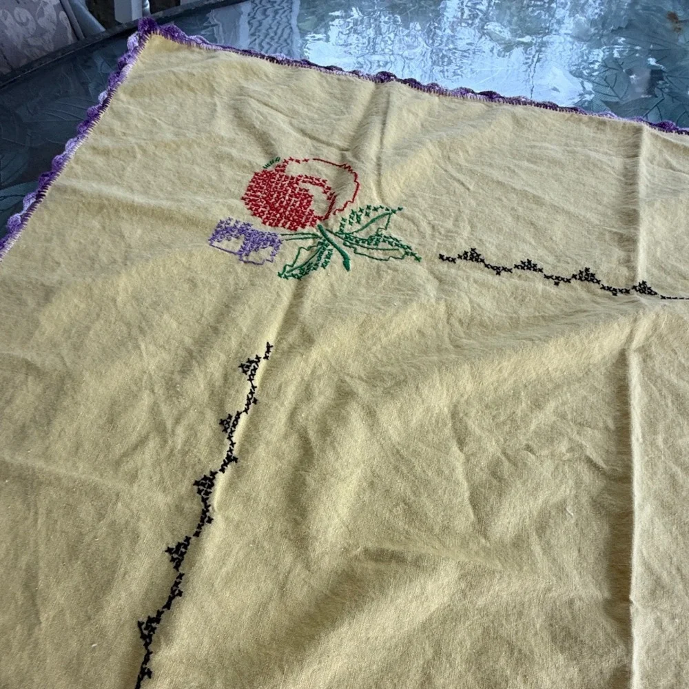 Vintage Yellow Cross Stitch Fruit Tablecloth Purple Crochet Trim 35x35